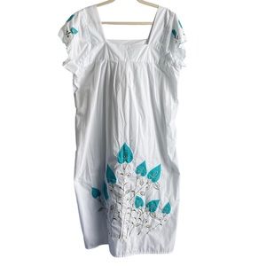 Vintage White Embroidered Dress Leaves & Vines - Turquoise / Green Dead Stock
